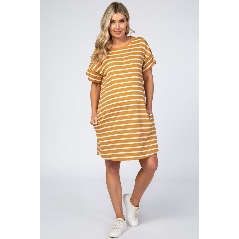Yellow Striped Short Sleeve Maternity Dress
