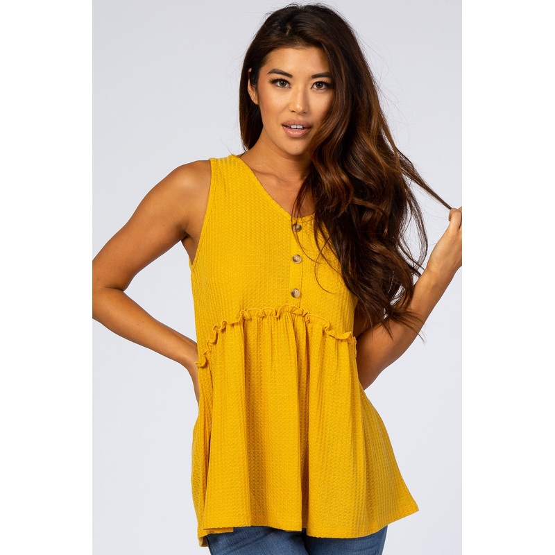 Yellow Waffle Knit Peplum Sleeveless Top