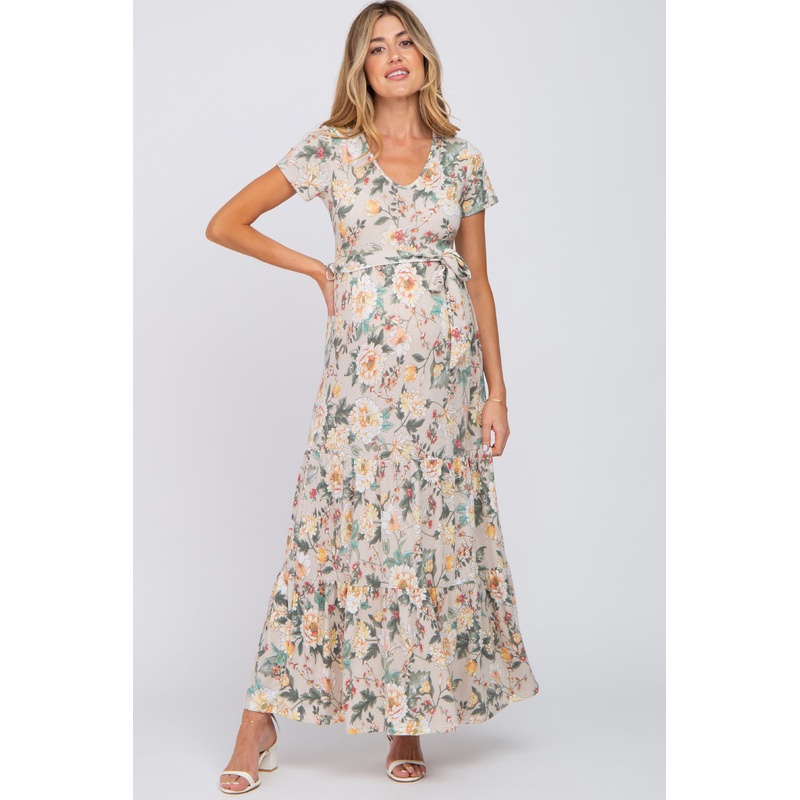 Beige Floral Tiered Maternity Maxi Dress