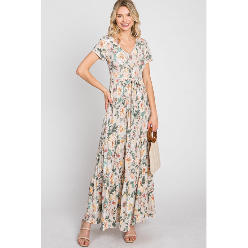 Beige Floral Tiered Maxi Dress
