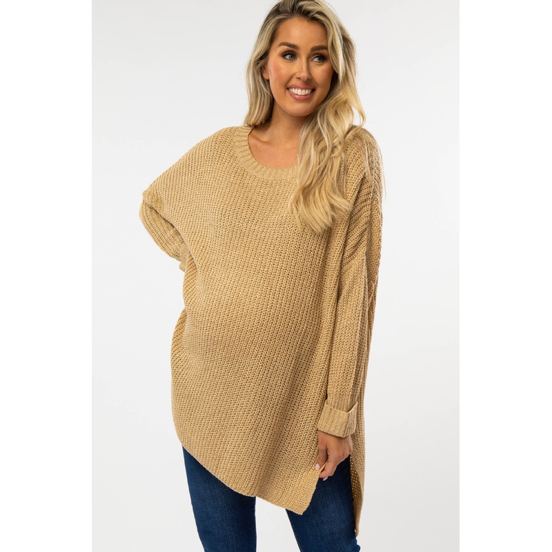 Beige Hi Low Side Slit Cuff Sleeve Maternity Sweater