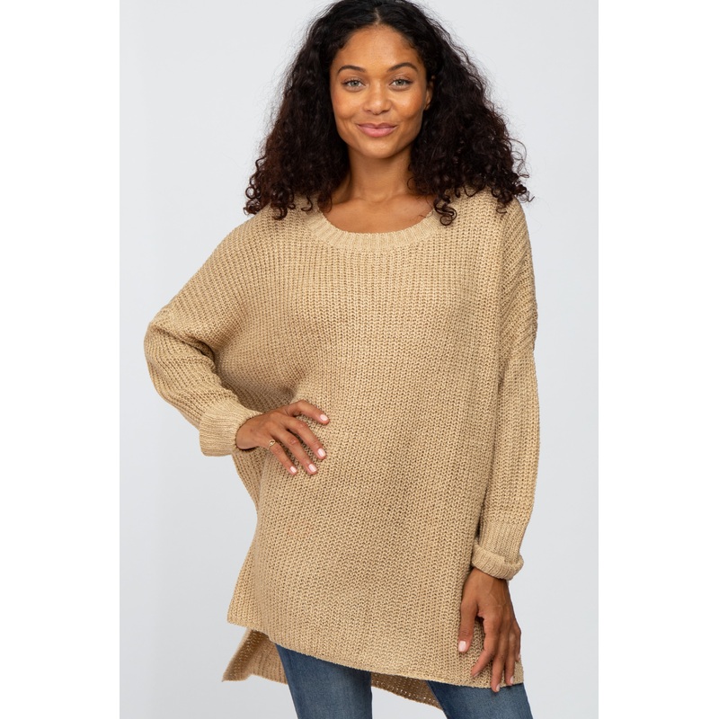 Beige Hi Low Side Slit Cuff Sleeve Sweater