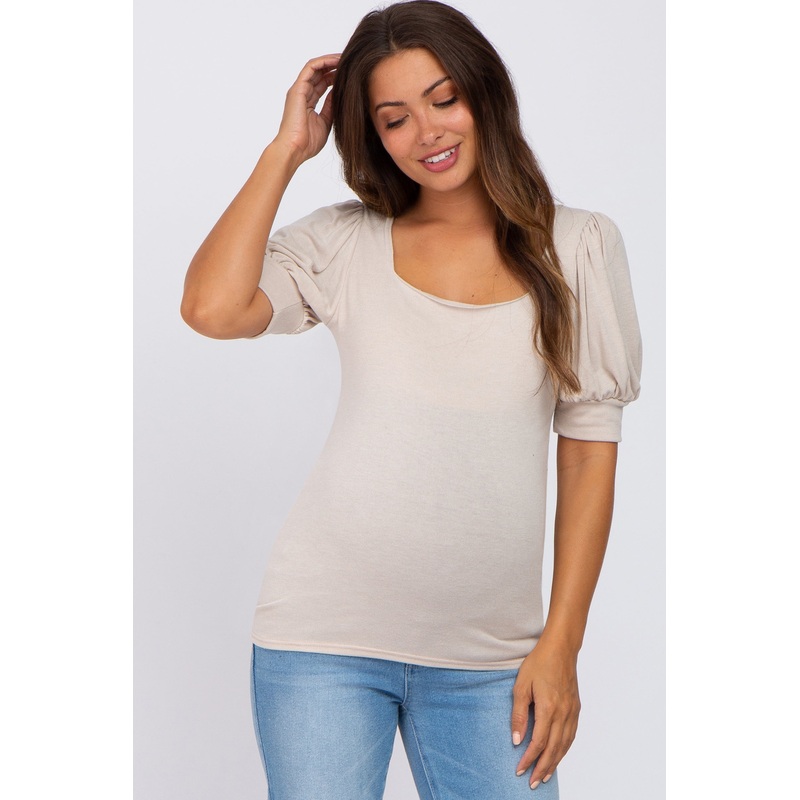 Beige Knit Puff Sleeve Maternity Top
