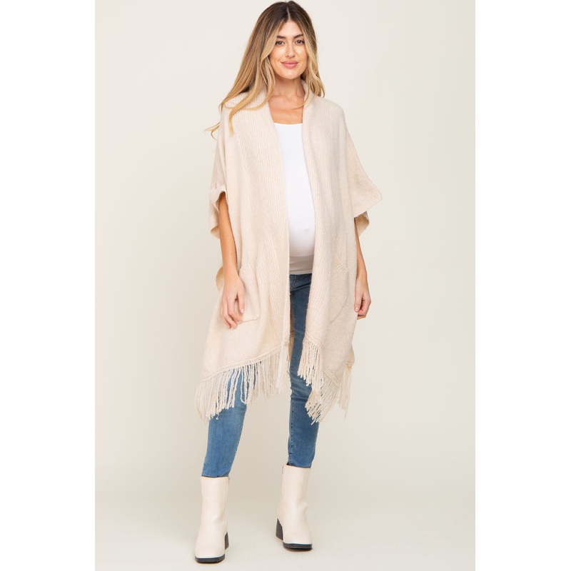 Beige Oversized Fringe Maternity Shawl Cardigan