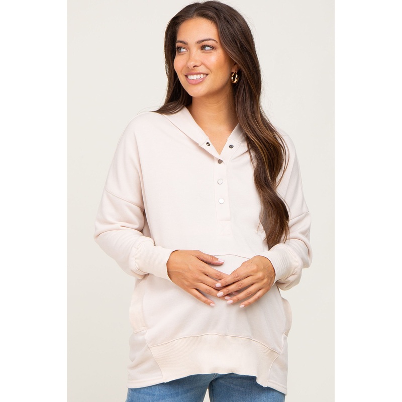 Beige Snap Front Button Maternity Hoodie