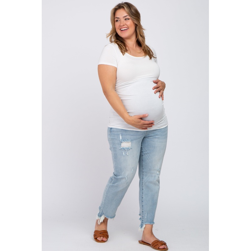 Light Blue Distressed Maternity Plus Straight Leg Jeans