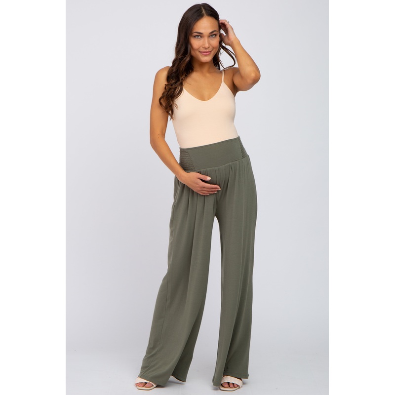 Olive Smocked Wide Leg Maternity Pants