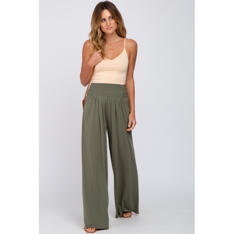 Olive Smocked Wide Leg Pants
