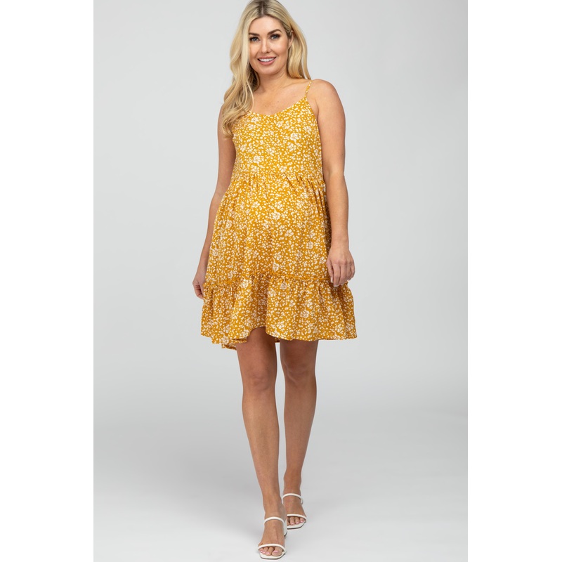 Yellow Floral Ruffle Hem Maternity Dress