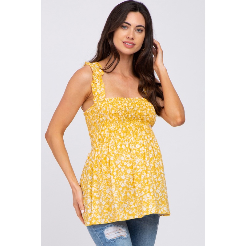 Yellow Floral Smocked Maternity Tank Top