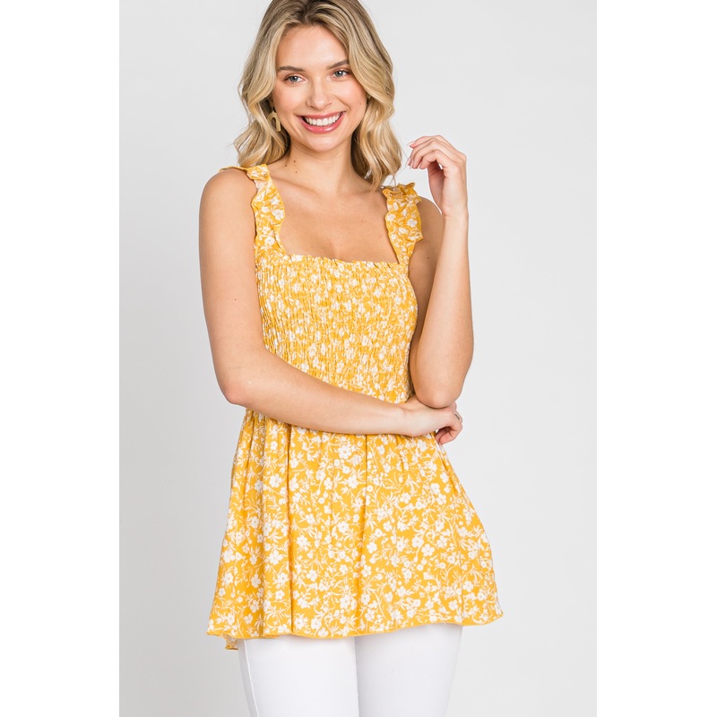 Yellow Floral Smocked Tank Top