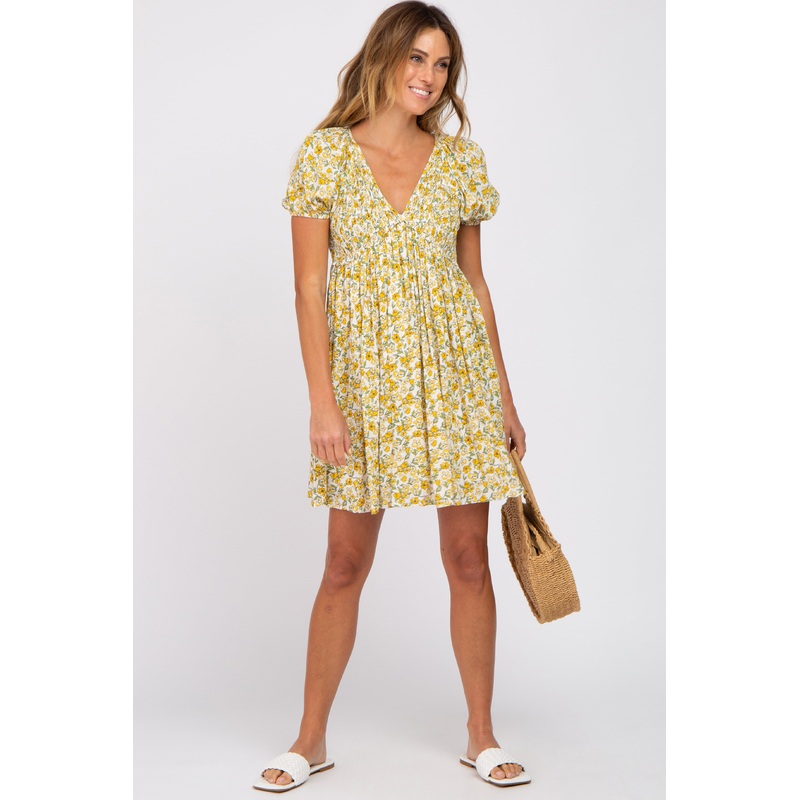 Yellow Floral Smocked V-Neck Dress