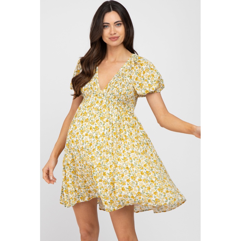 Yellow Floral Smocked V-Neck Maternity Dress