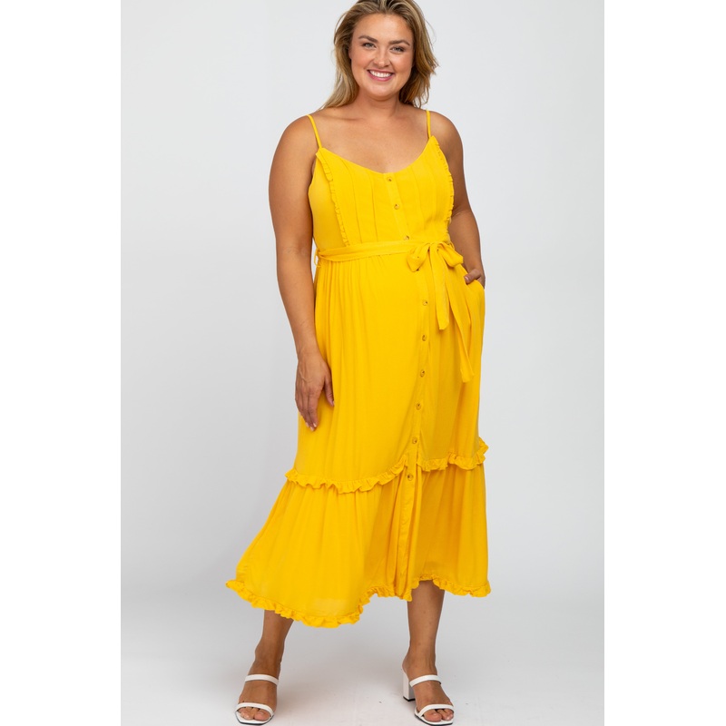 Yellow Front Button Ruffle Tiered Hem Maternity Plus Midi Dress