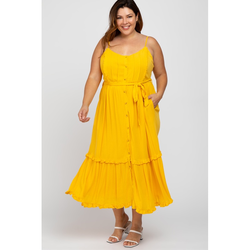Yellow Front Button Ruffle Tiered Hem Plus Midi Dress