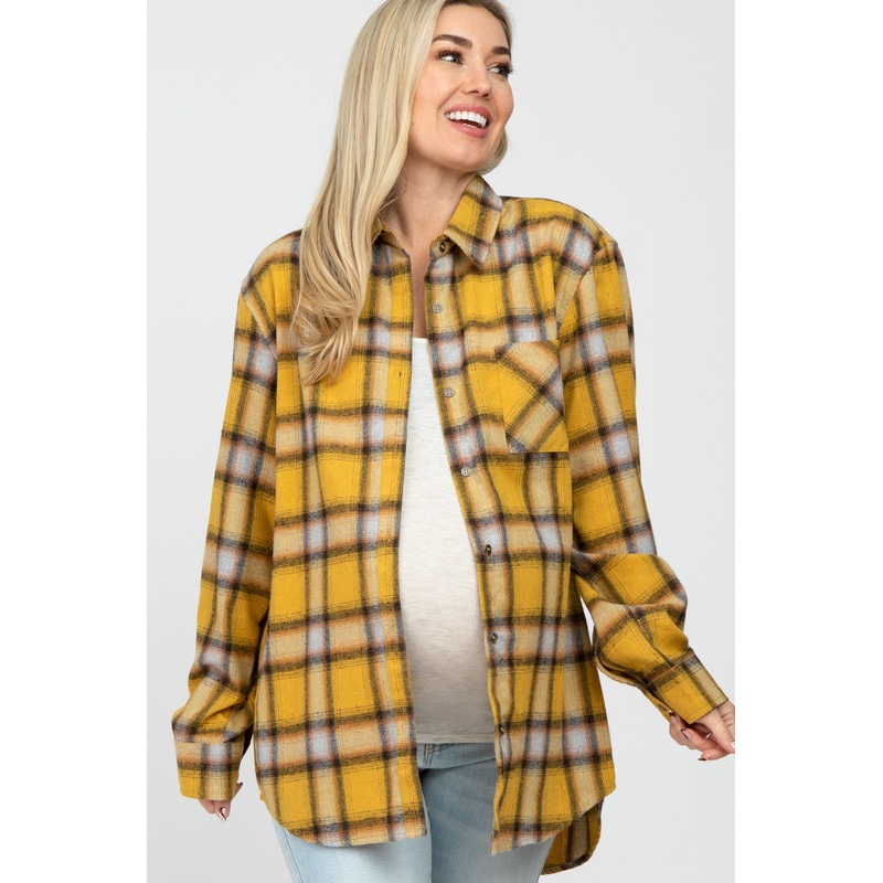Yellow Plaid Maternity Button Down Top