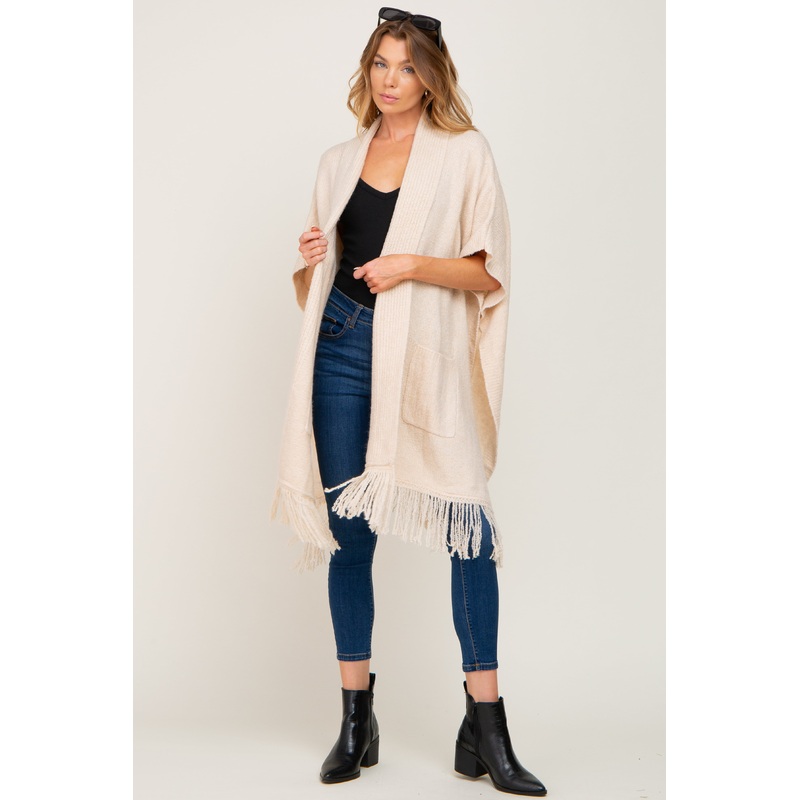 Beige Oversized Fringe Shawl Cardigan