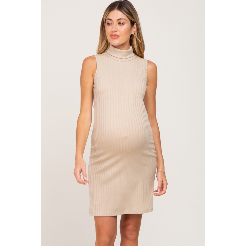 Beige Ribbed Sleeveless Turtleneck Maternity Dress