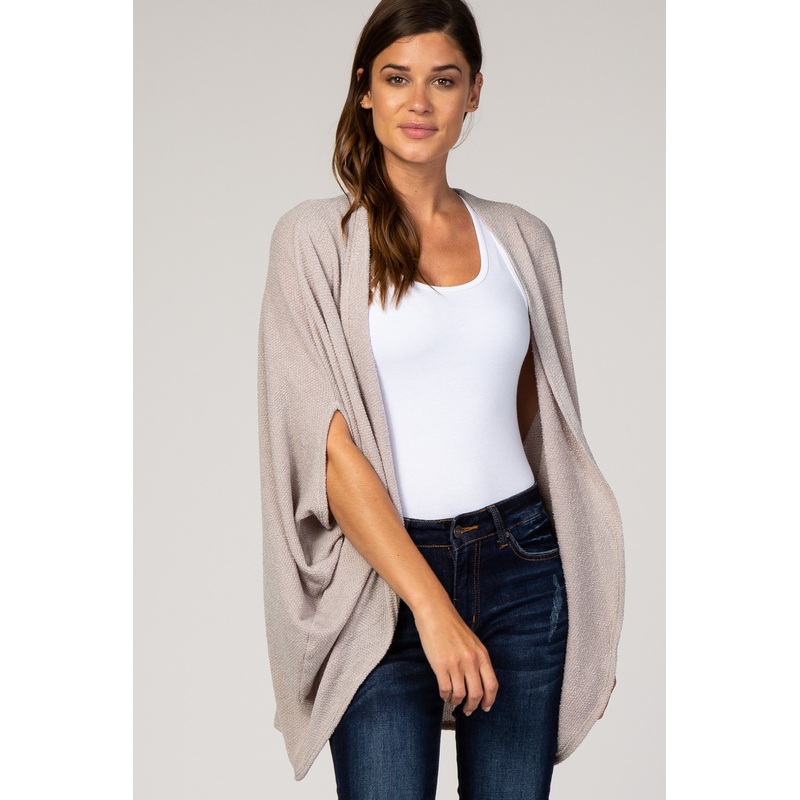 Beige Solid Ribbed Draped Cardigan