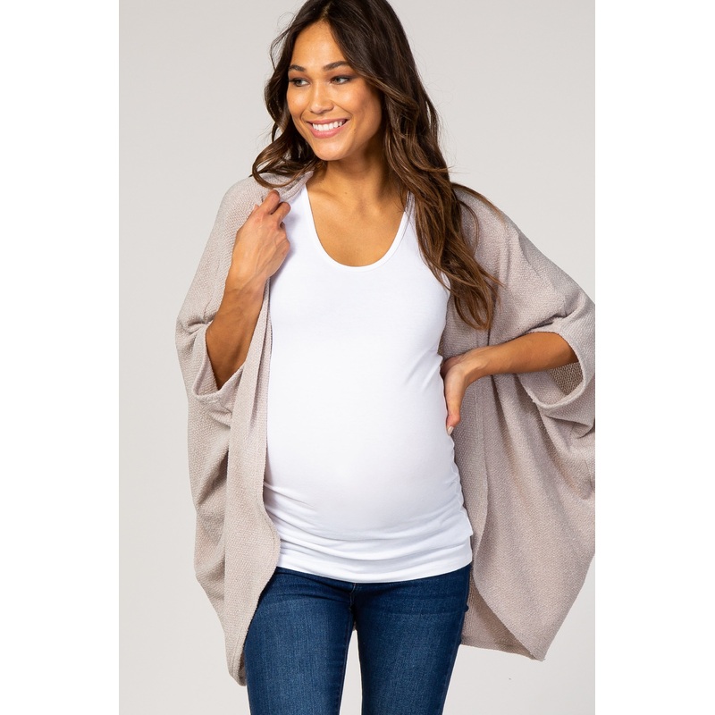Beige Solid Ribbed Draped Maternity Cardigan