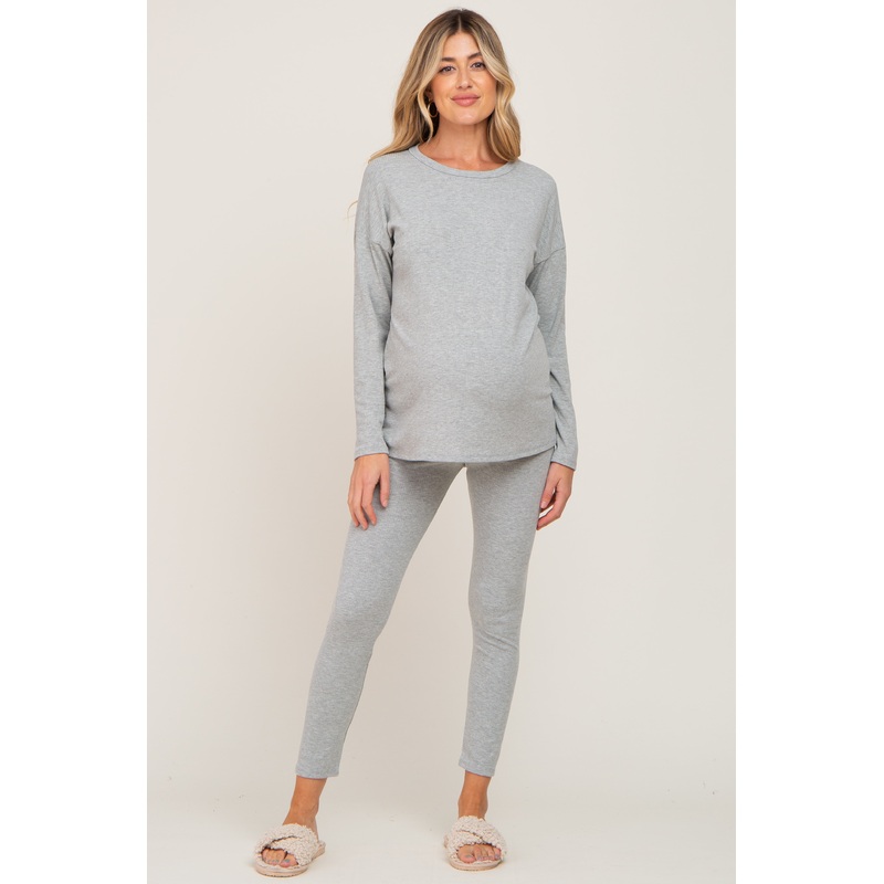 Grey Ribbed Long Sleeve Maternity Pajama Pants Set