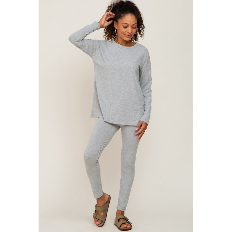 Grey Ribbed Long Sleeve Pajama Pants Set