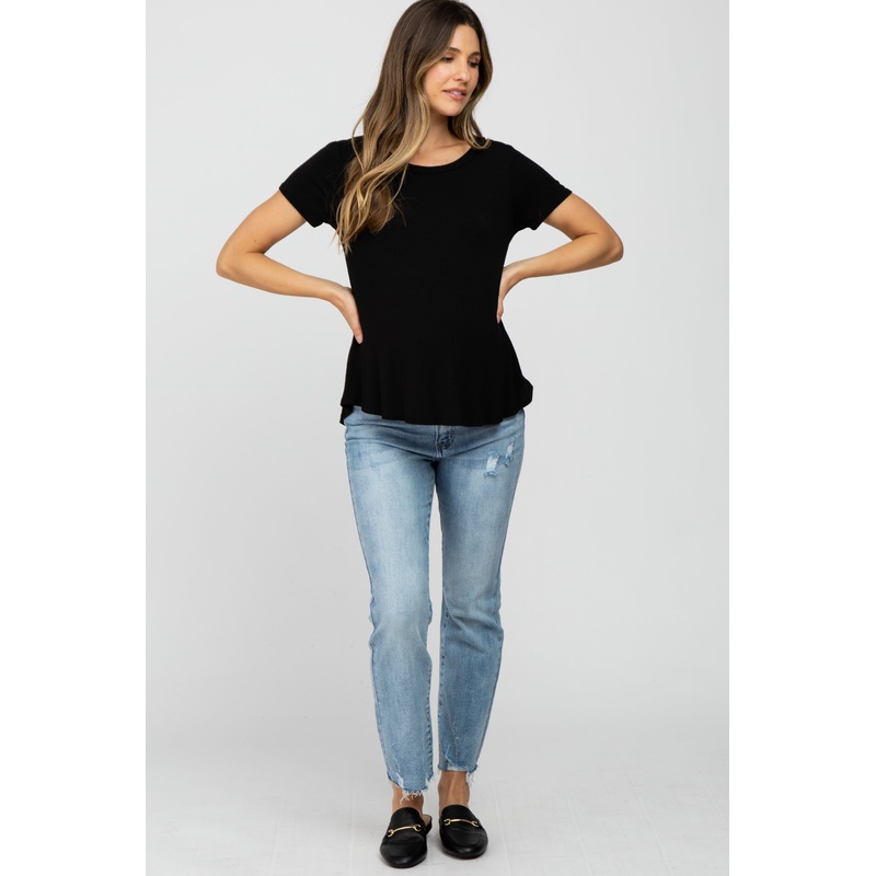 Light Blue Distressed Raw Hem Straight Maternity Jeans