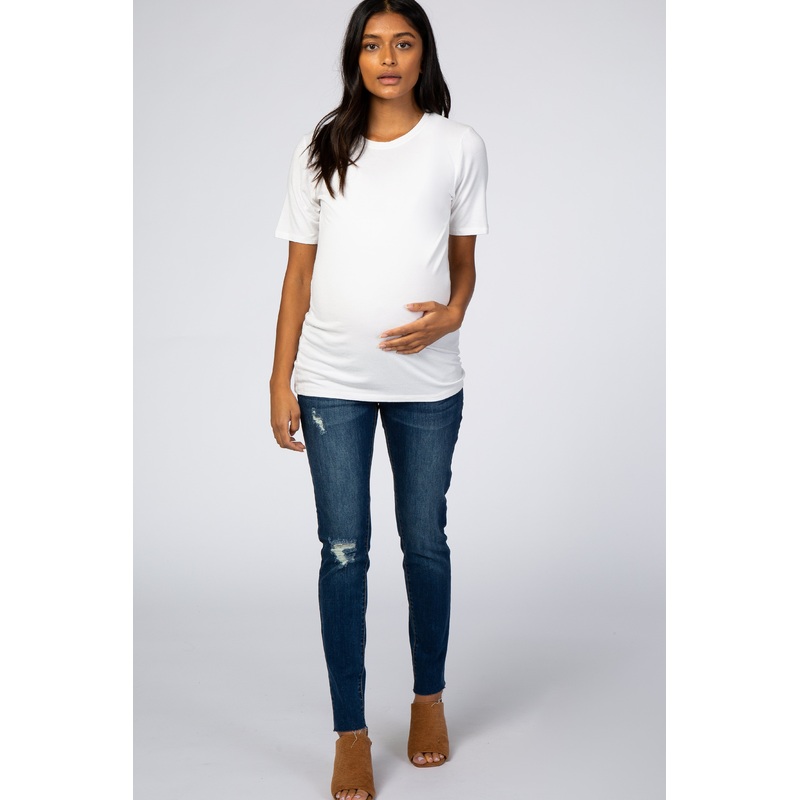 Navy Blue Maternity Raw Hem Maternity Skinny Jeans