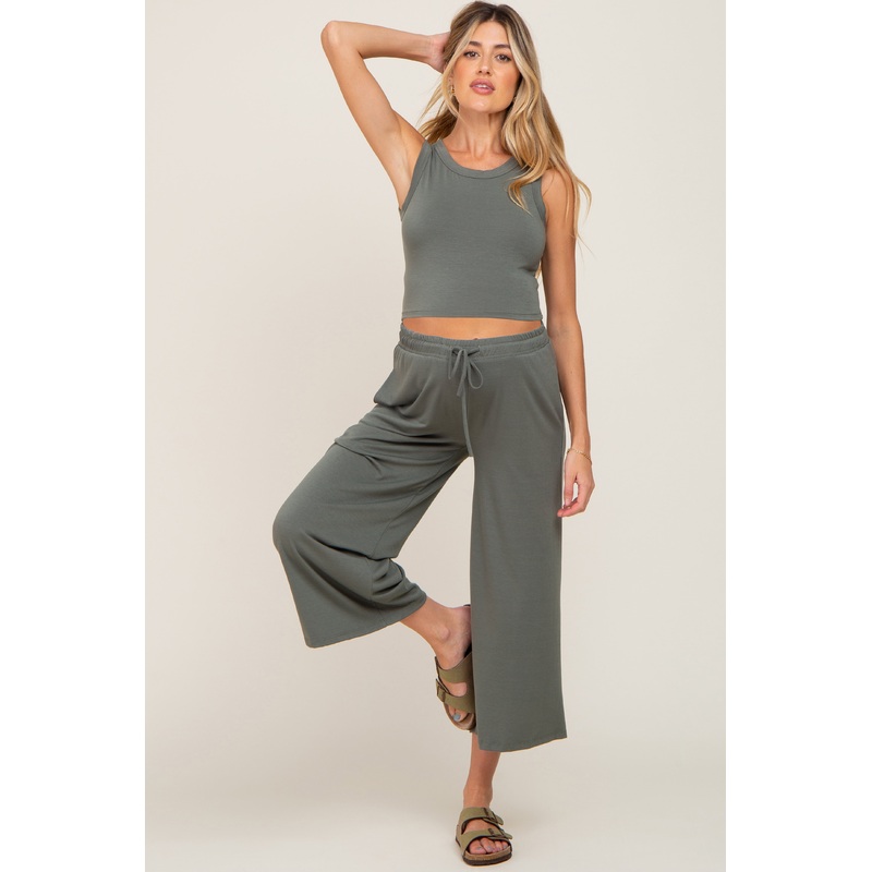 Olive Crop Tank Maternity Lounge Set