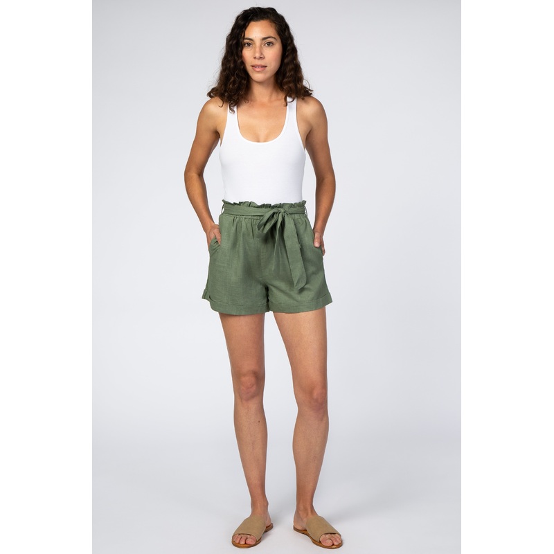 Olive Linen Pleated Front Tie Shorts