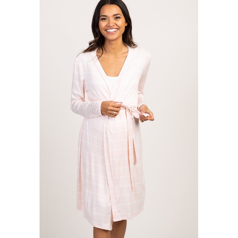 PinkBlush Light Pink Striped Delivery/Nursing Maternity Robe
