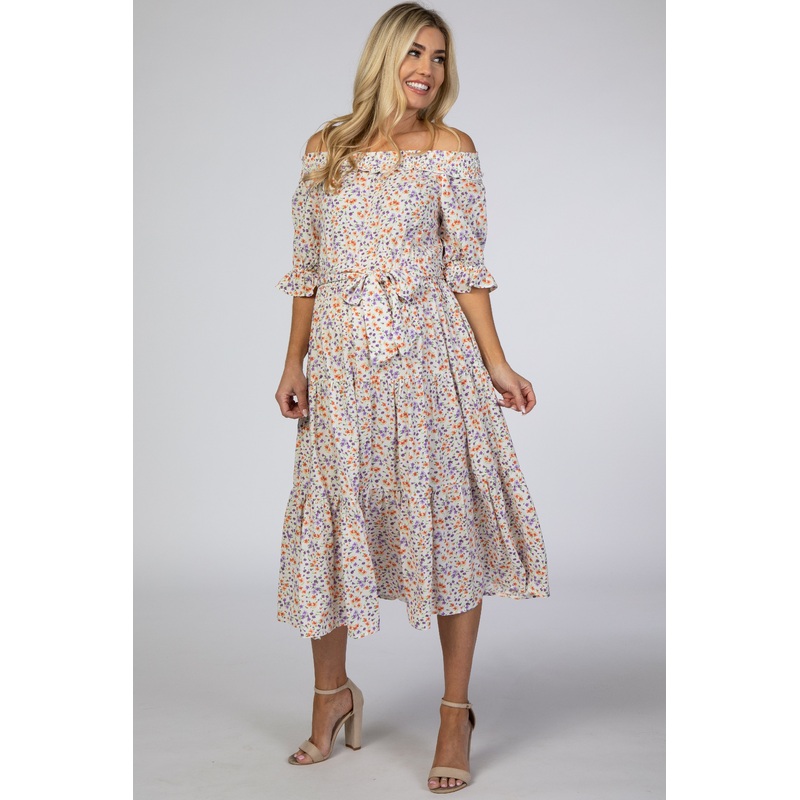 White Floral Off Shoulder Maternity Midi Dress