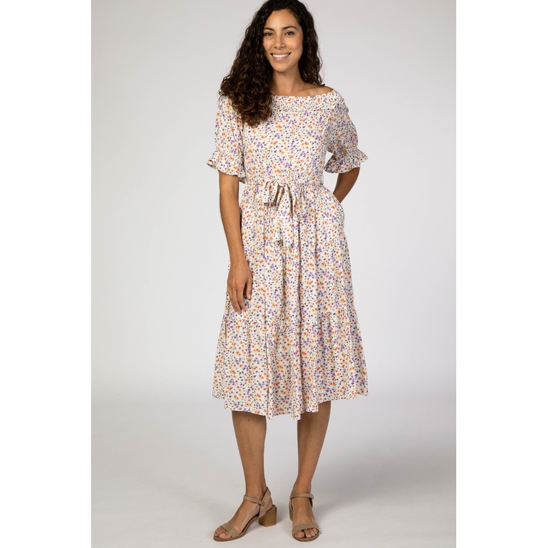White Floral Off Shoulder Midi Dress