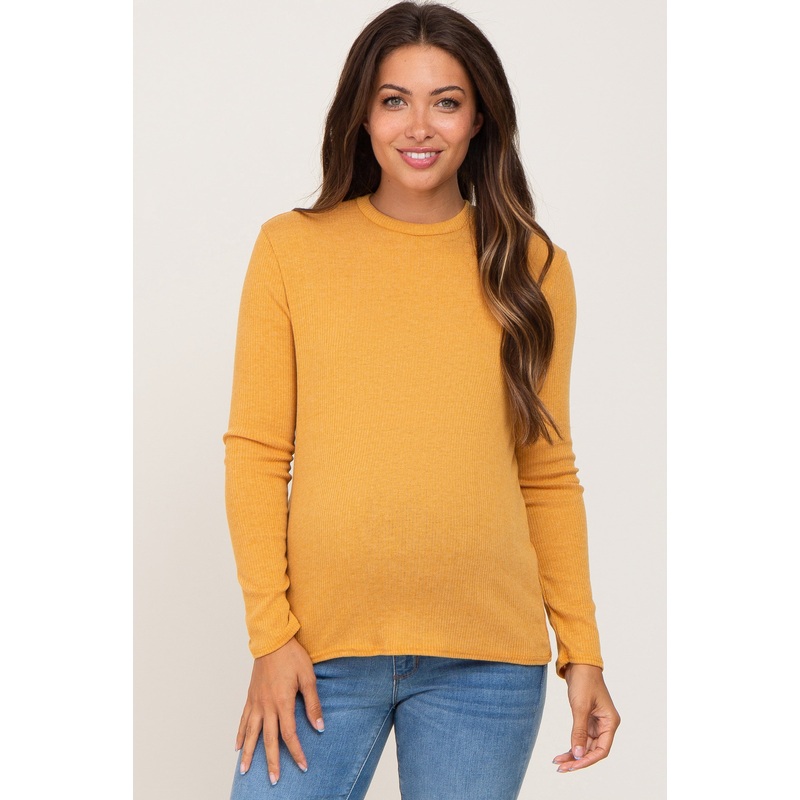 Yellow Basic Ribbed Long Sleeve Maternity Top