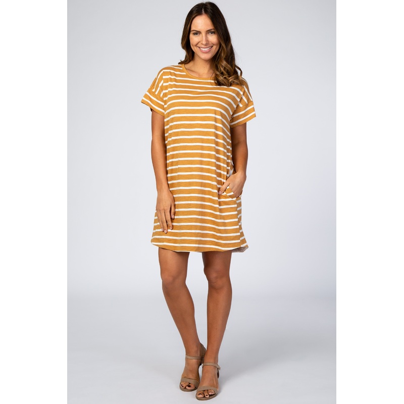 Yellow Striped Short Sleeve Dress