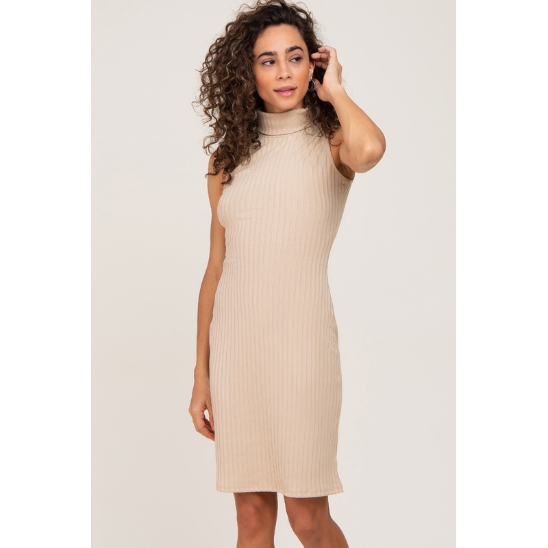 Beige Ribbed Sleeveless Turtleneck Dress