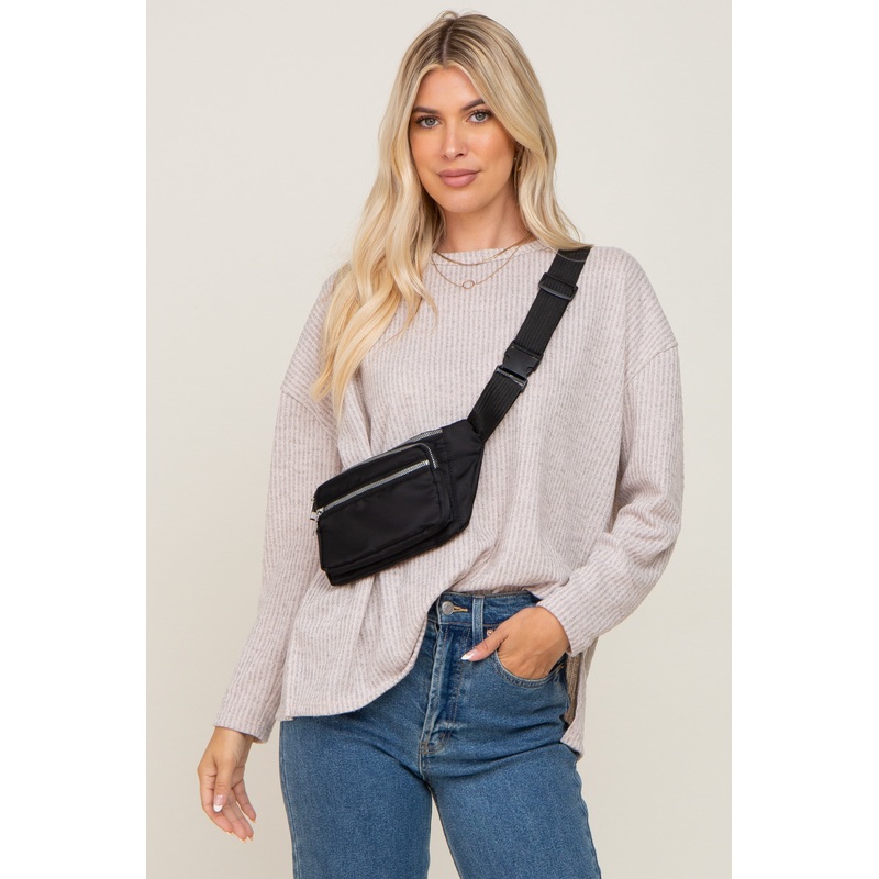 Beige Striped Brushed Long Sleeve Top