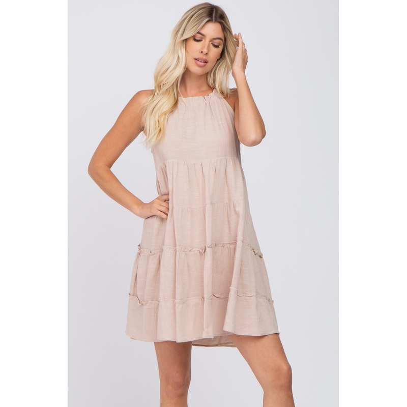 Beige Textured Halter Ruffle Tiered Dress