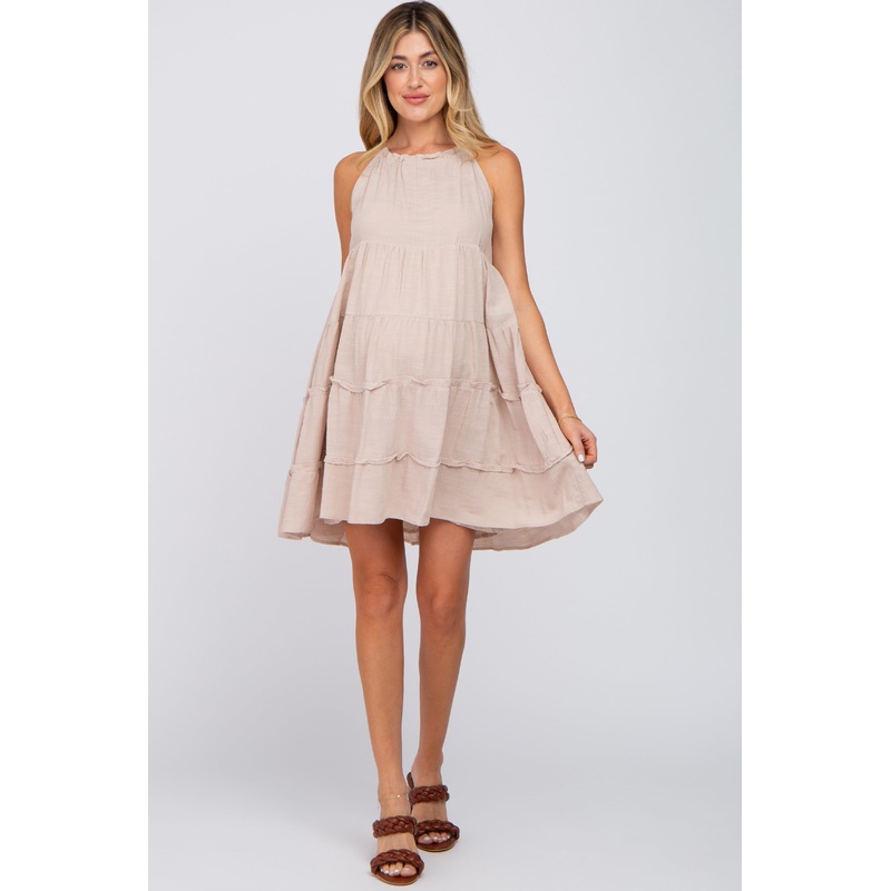 Beige Textured Halter Ruffle Tiered Maternity Dress