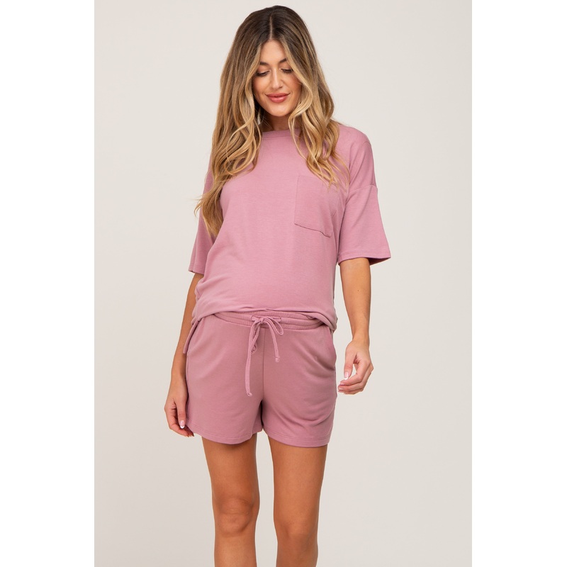 Mauve Pocket Front Maternity Pajama Short Set