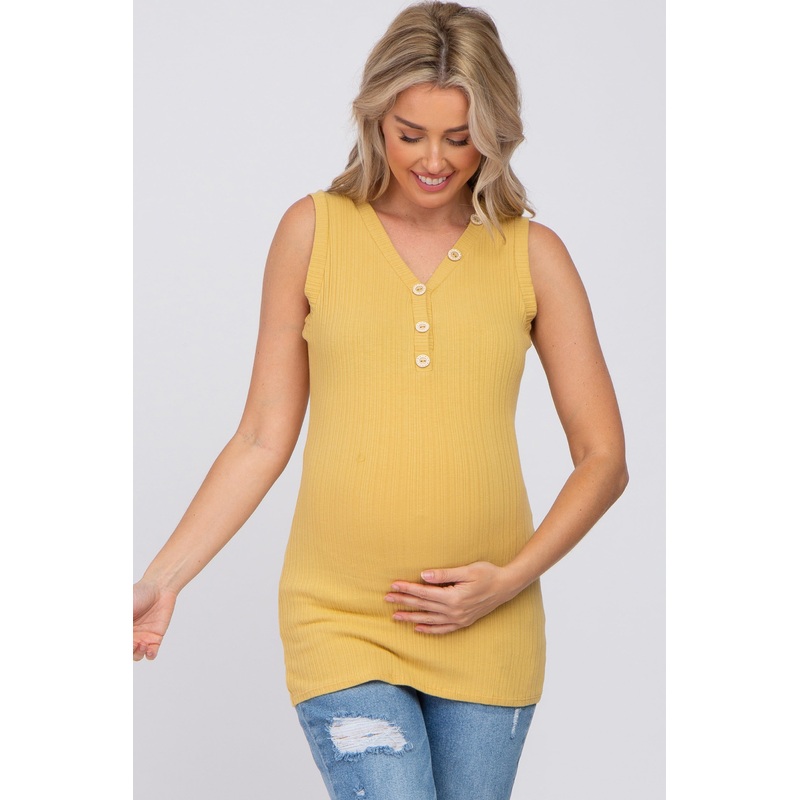 Yellow Ribbed Button Accent Maternity Tank