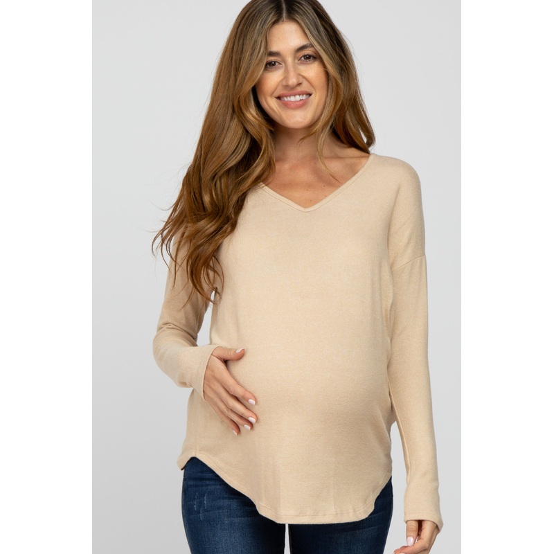 Beige Brushed V-Neck Long Sleeve Maternity Top