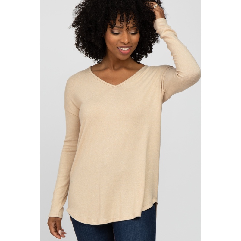 Beige Brushed V-Neck Long Sleeve Top