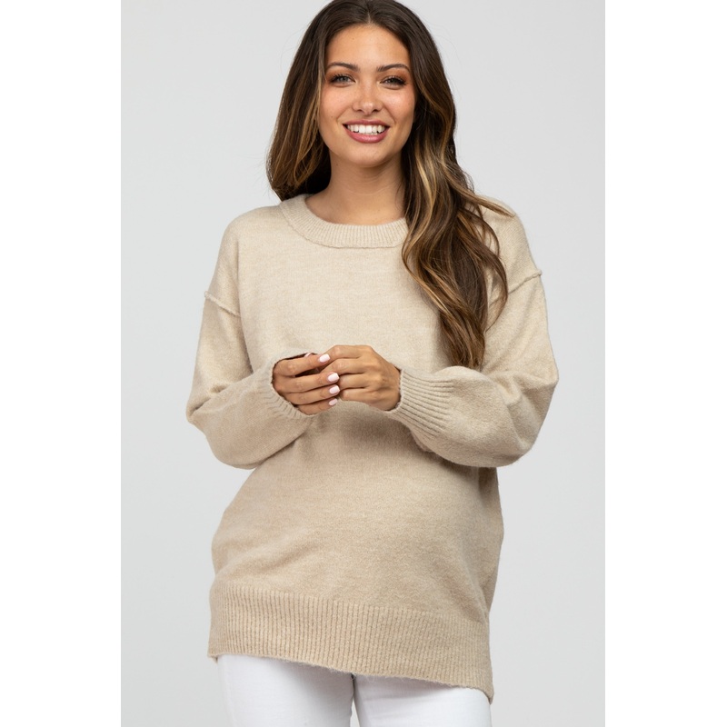 Beige Exposed Seam Maternity Sweater