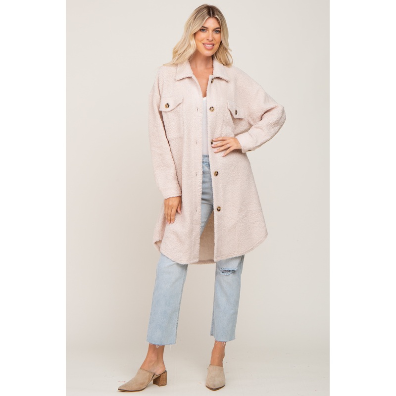 Beige Fleece Long Shirt Jacket