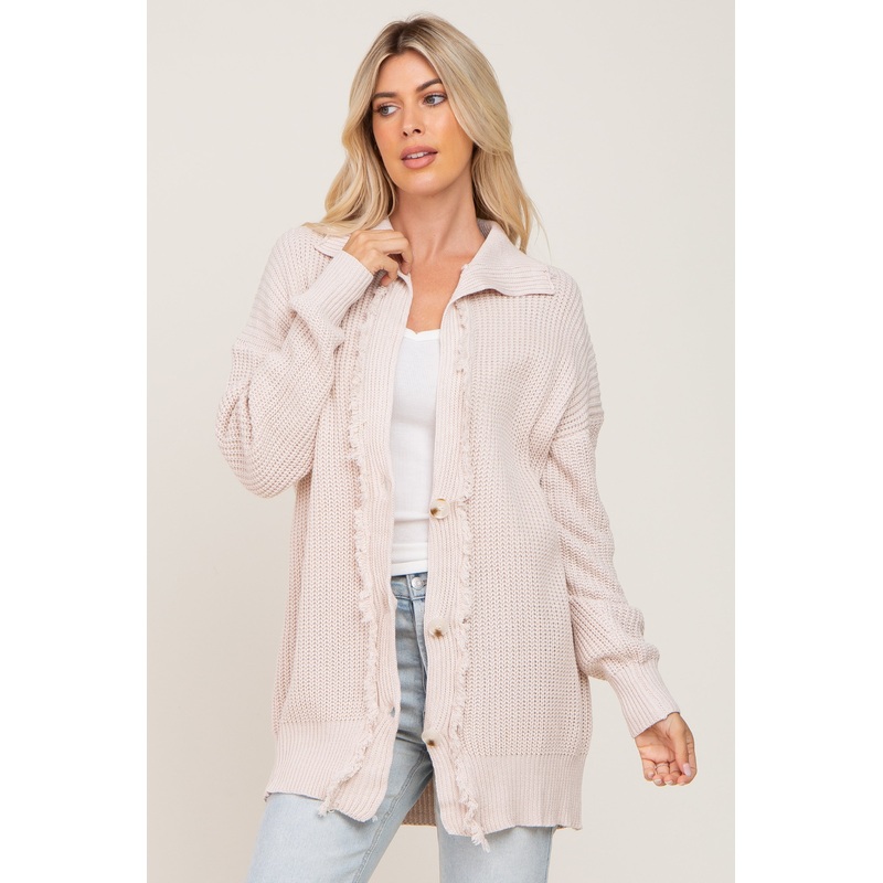 Beige Knit Frayed Button Down Cardigan