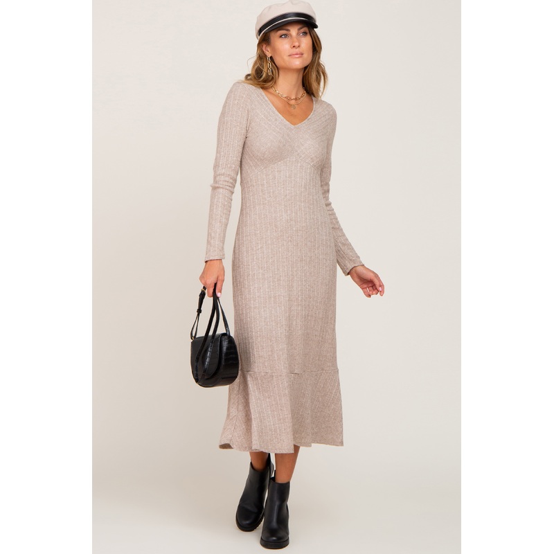 Beige Knit Long Sleeve Ruffle Hem Midi Dress