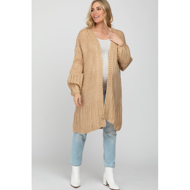 Beige Open Knit Maternity Cardigan Sweater