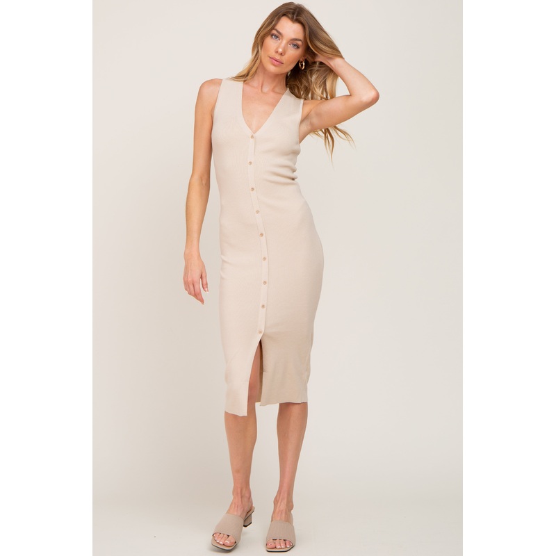 Beige Ribbed Knit Button Accent Midi Dress
