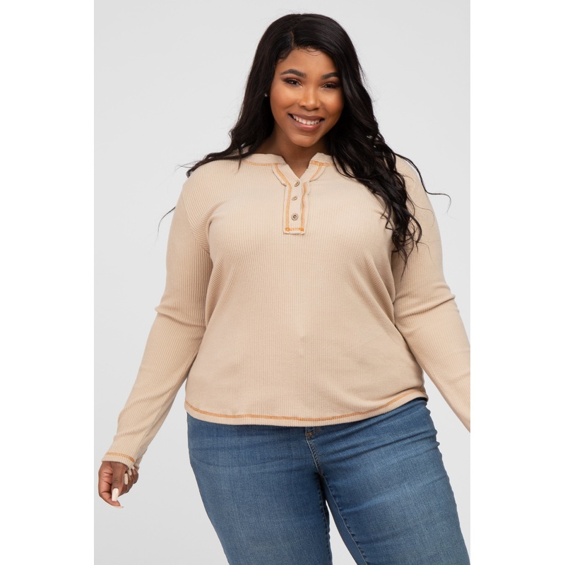 Beige Ribbed Top Stitch Long Sleeve Plus Top